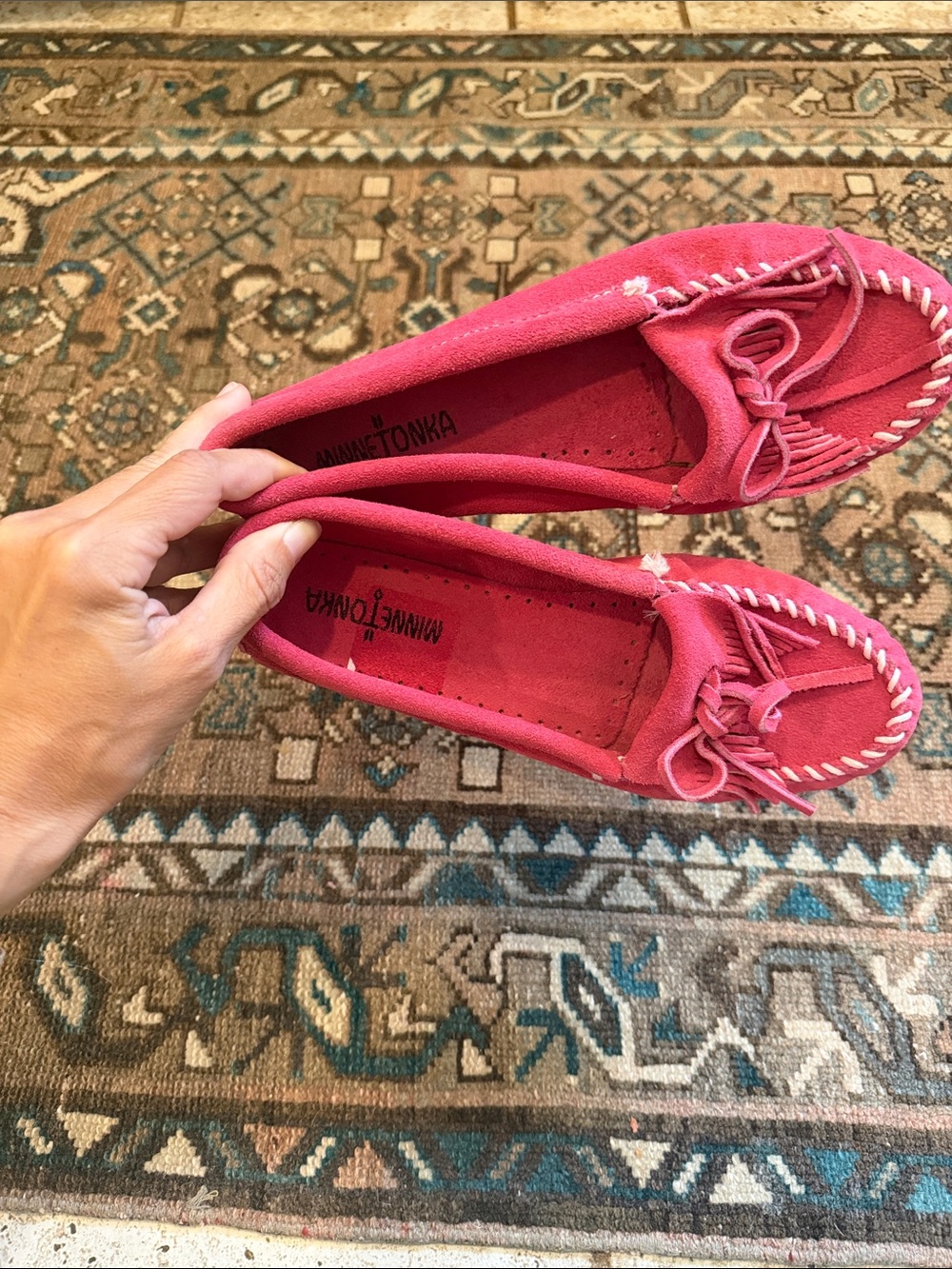Minnetonka Hot Pink Suede Moccasins with Bow
